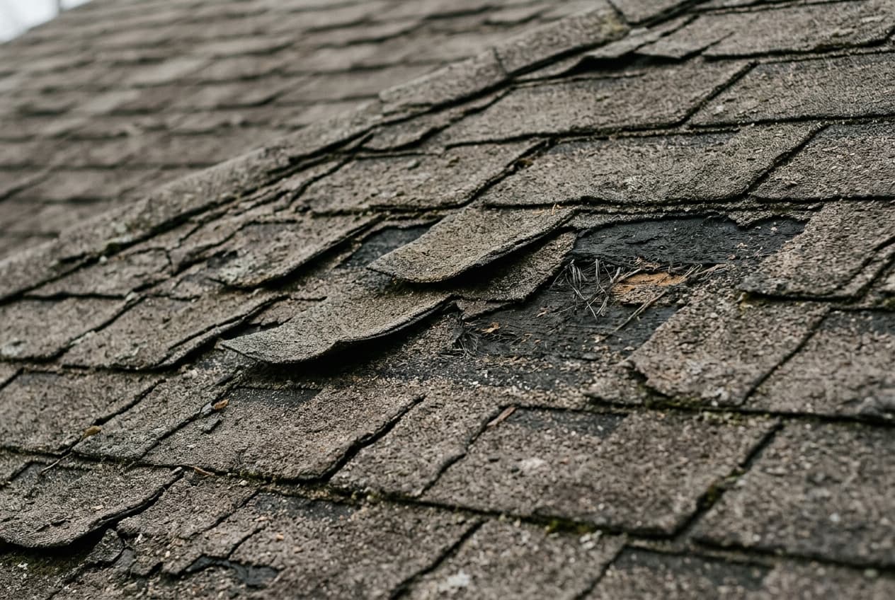 Aging asphalt shingles on a New England home showing curling edges and granule loss
