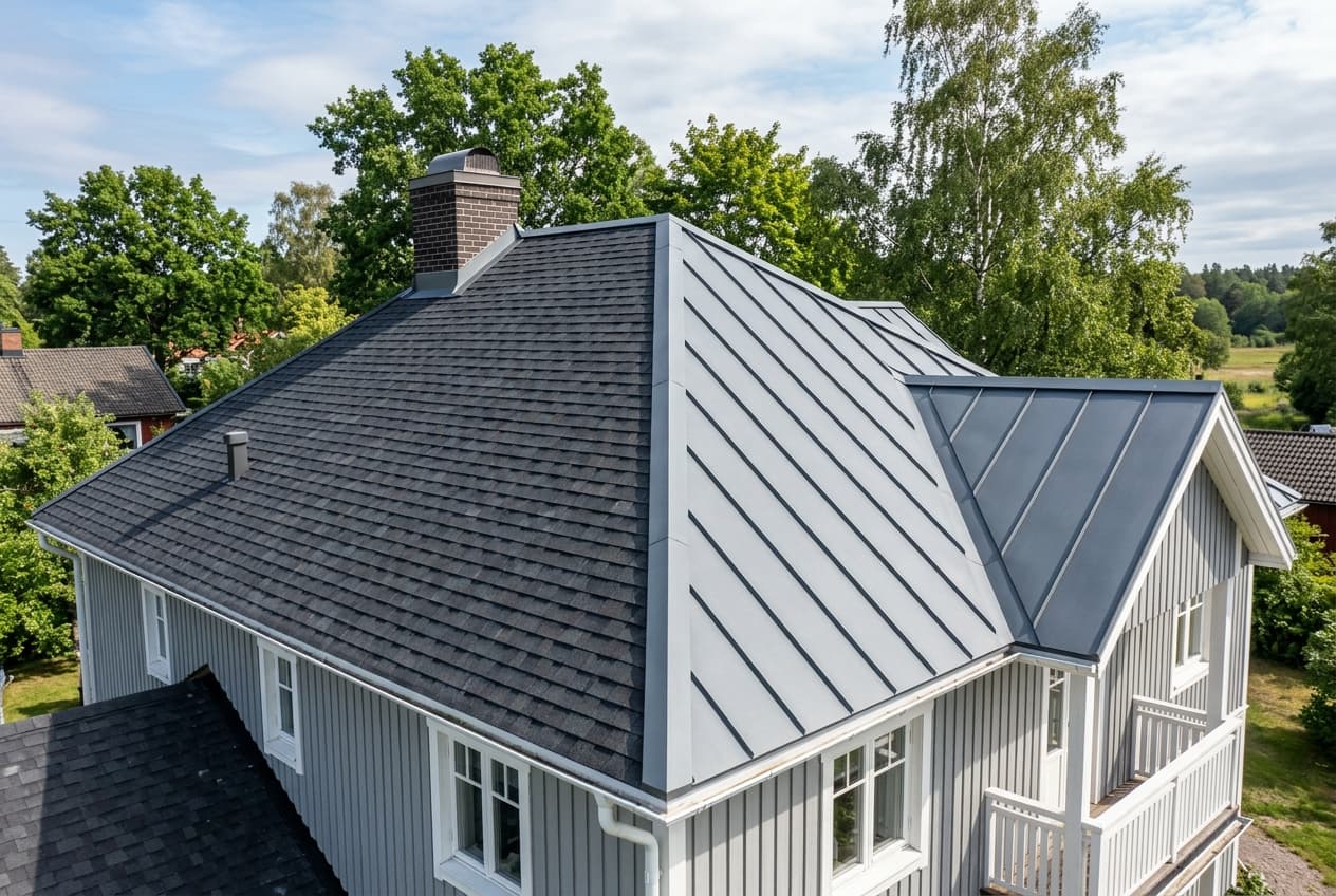 A residential roof with asphalt shingles on one slope and standing-seam metal on another