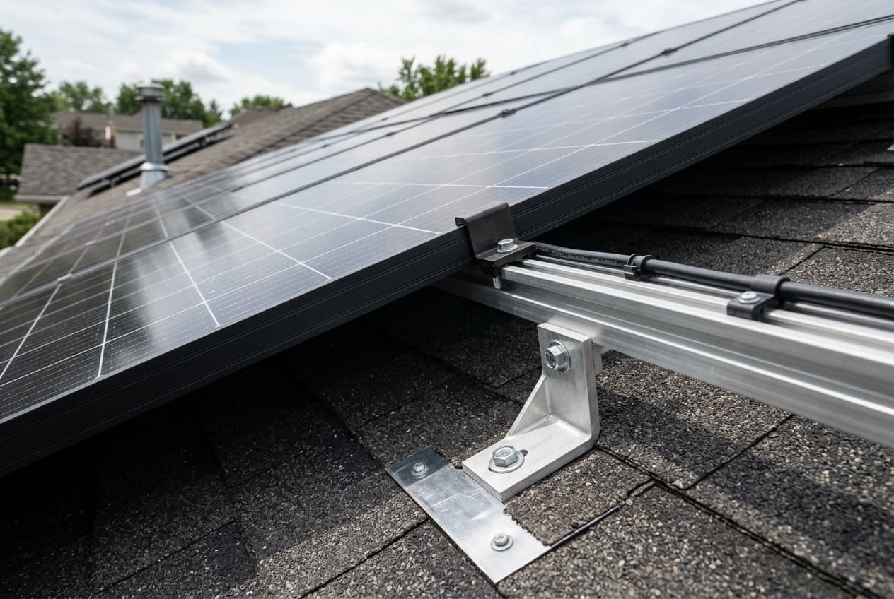 Black solar panels mounted on rails above an asphalt shingle roof, showing the air gap