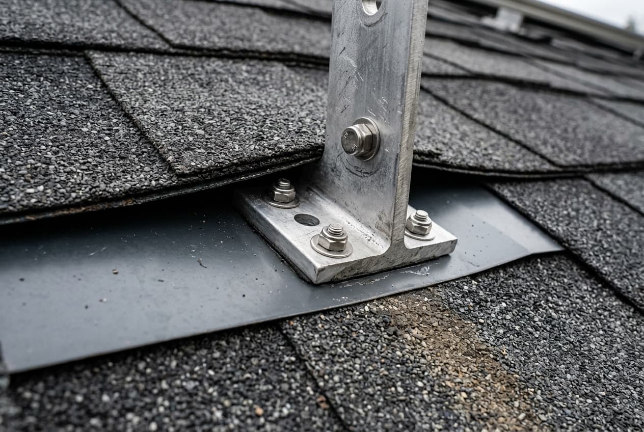Close-up of a solar panel mounting foot with metal flashing tucked under shingles
