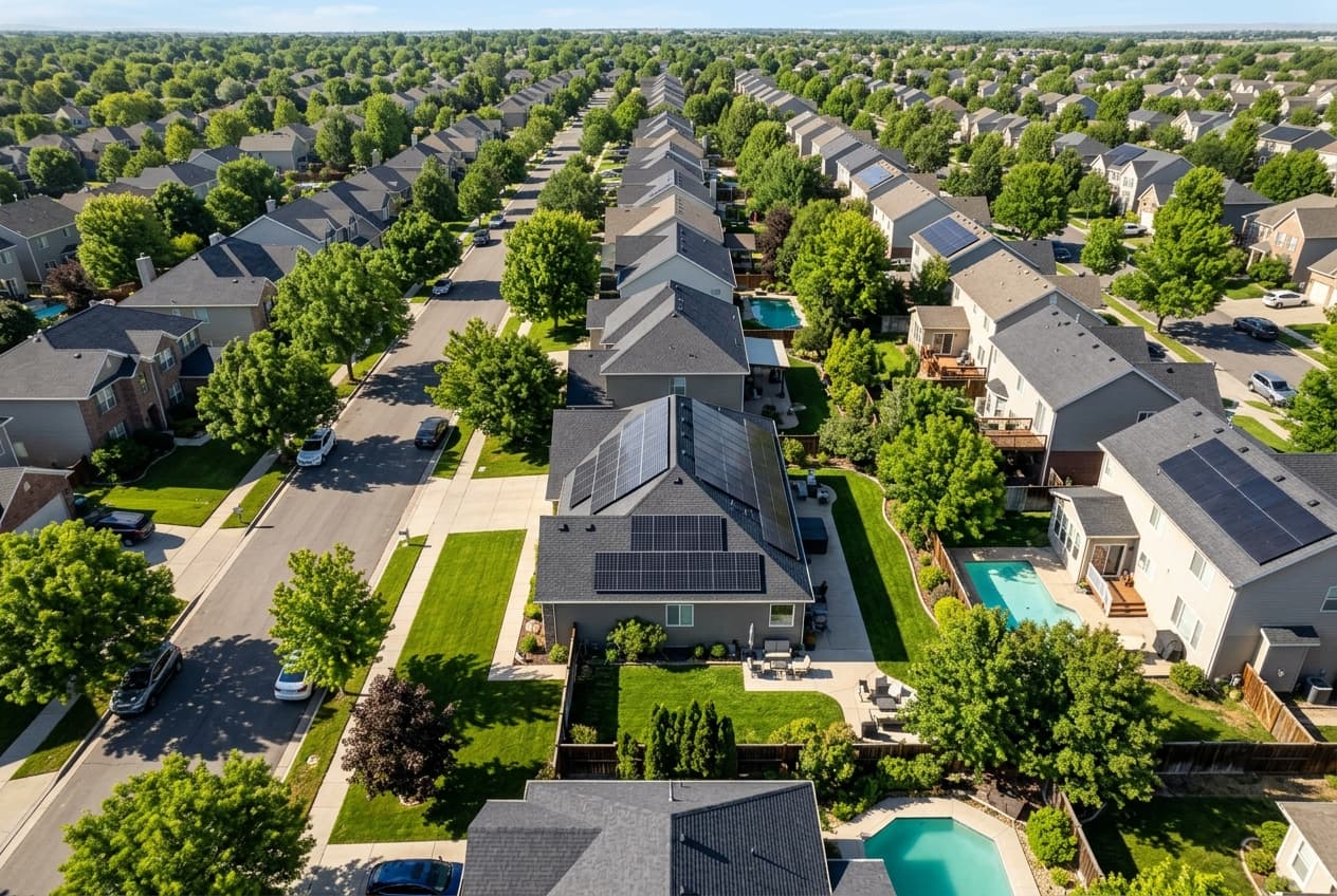 Aerial view of a suburban home with a full rooftop solar array among neighboring homes