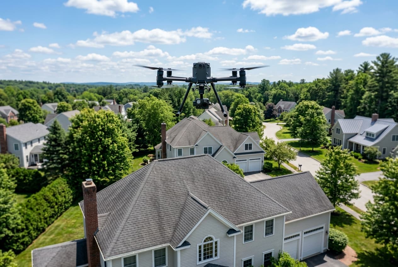 An inspection drone flying above a residential roof, photographing it from a safe height