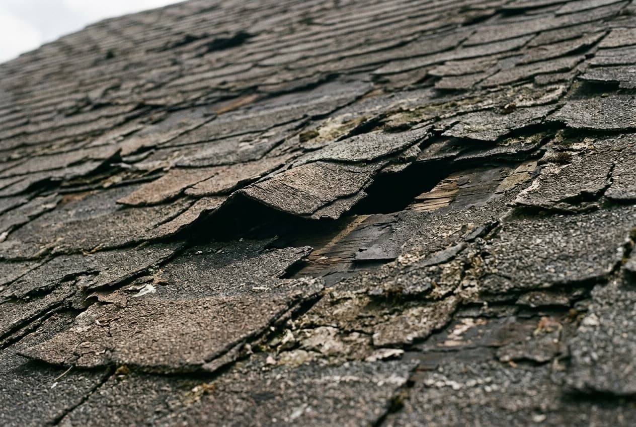 An aging asphalt shingle roof with curling, cracked, and missing shingles