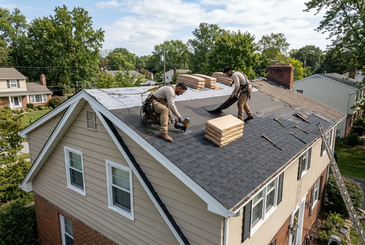 Roofers installing a new asphalt shingle roof on a suburban home