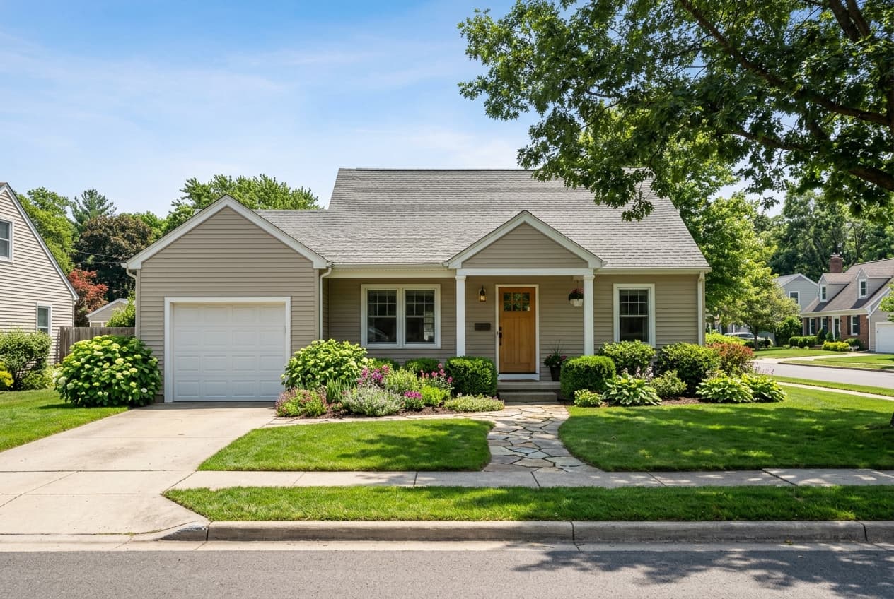A modest, well-kept suburban single-family home on a sunny day