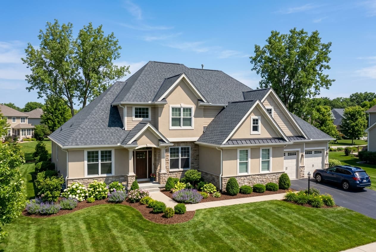 A suburban home with a freshly installed shingle roof on a sunny day