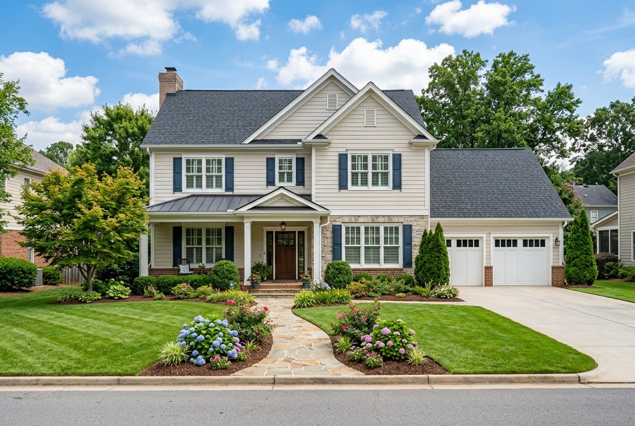 A two-story suburban home with a manicured yard and a new shingle roof