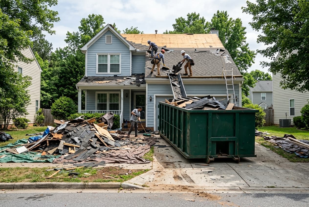 A roofing job site with a dumpster in the driveway and tear-off debris