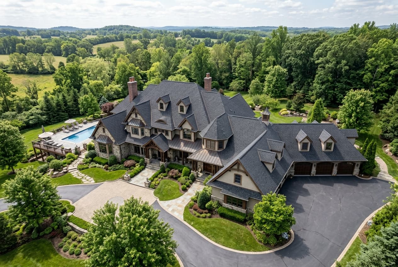 Aerial view of a large house roof with multiple slopes, dormers, and valleys