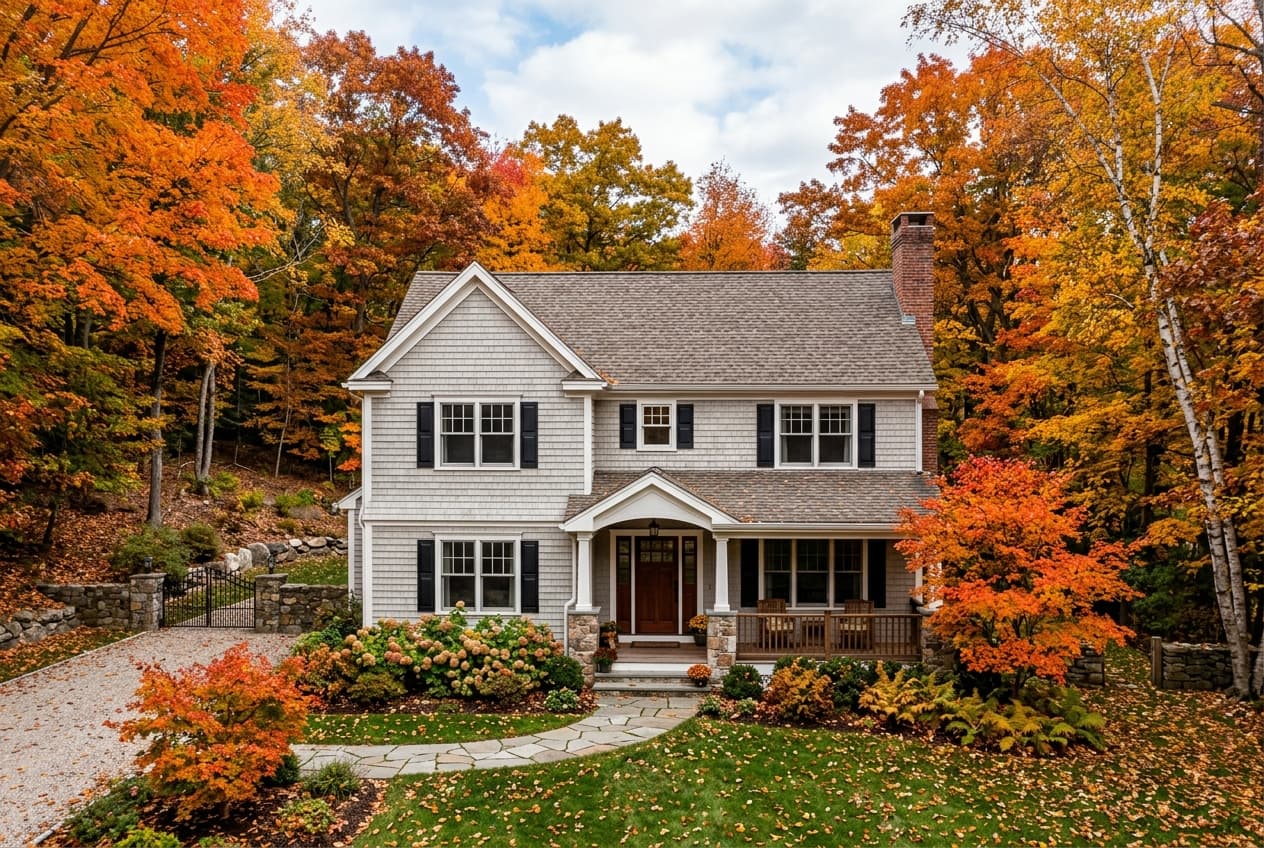 A New England home with a shingle roof framed by autumn foliage
