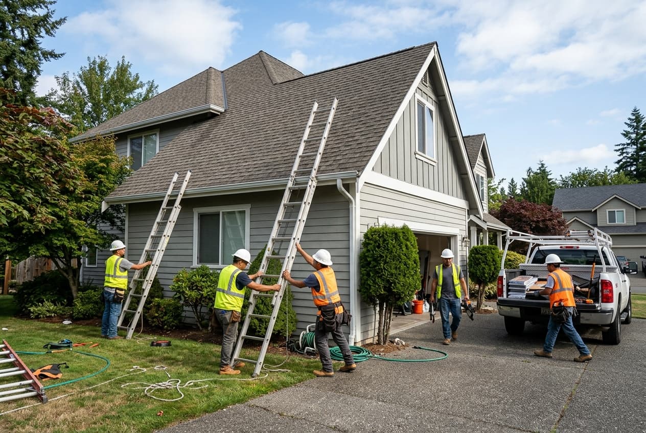 A roofing crew setting up ladders against a house to begin work
