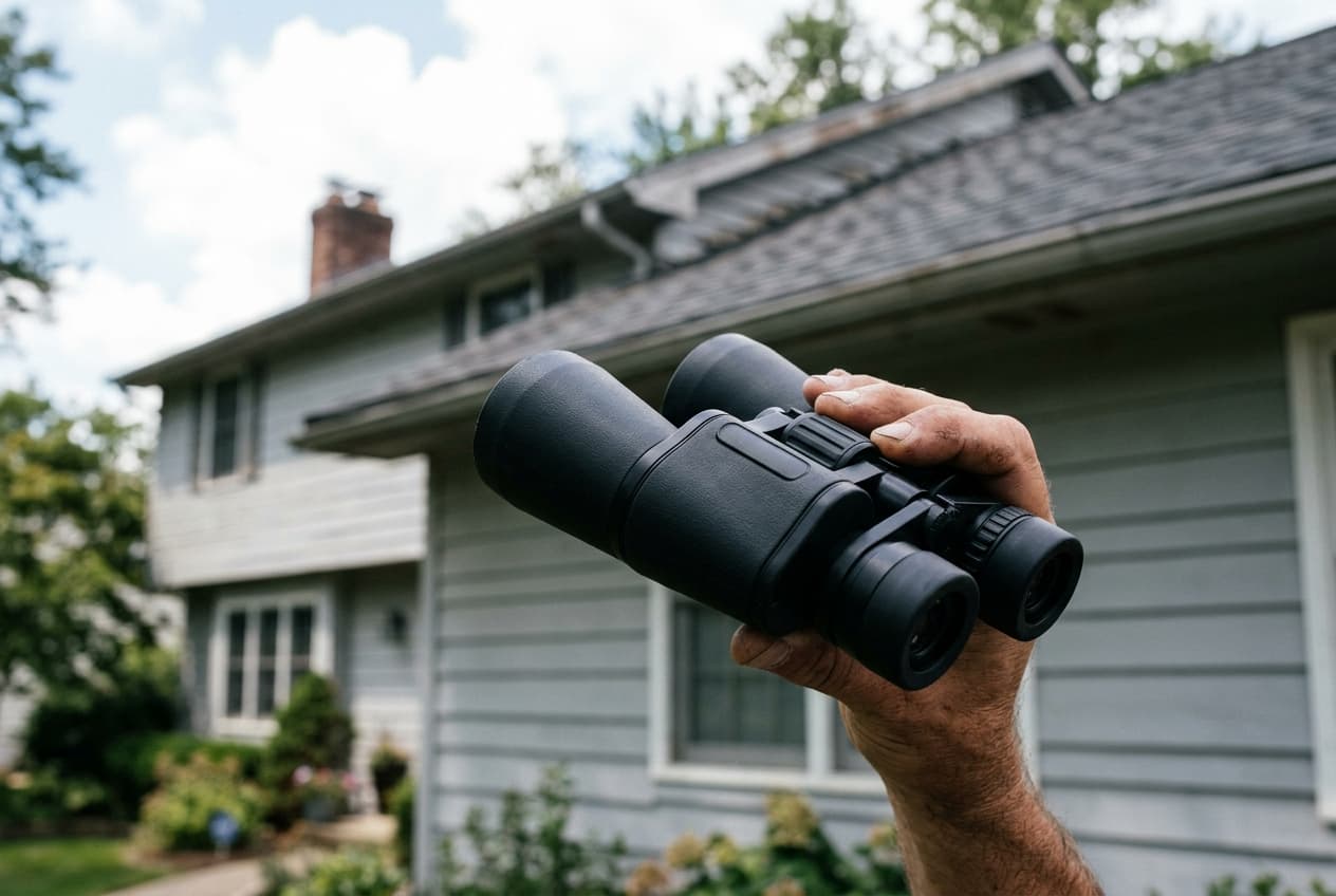 A roofer photographing a New England asphalt-shingle roof from the ground after a storm, checking for lifted and missing shingles