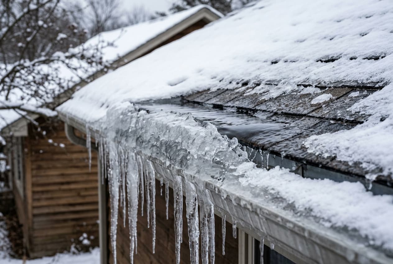 A thick ridge of ice and hanging icicles built up along the eave and gutter of a snow-covered roof