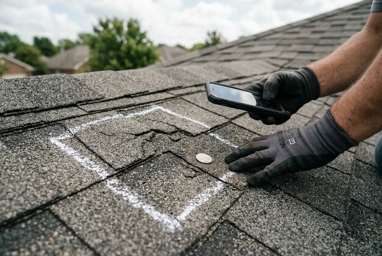 A roof inspector kneeling on shingles marking a test square and photographing damage