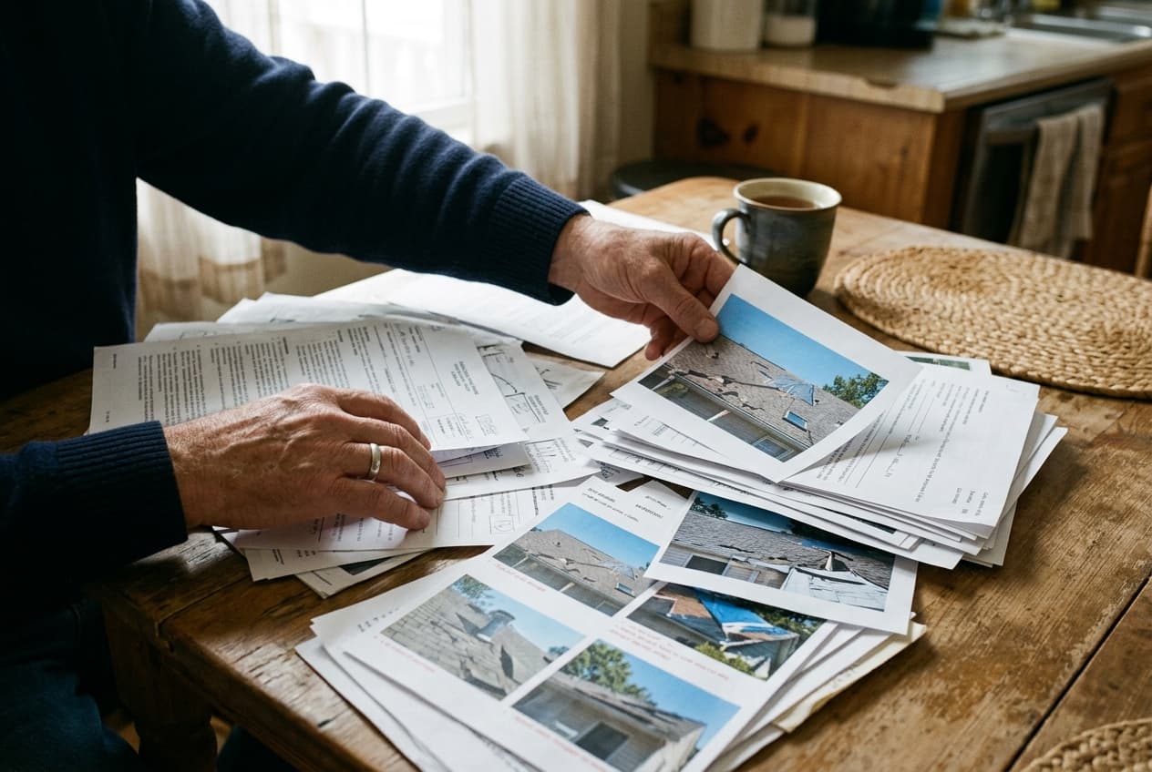 A homeowner reviewing insurance paperwork and roof inspection photos at a kitchen table