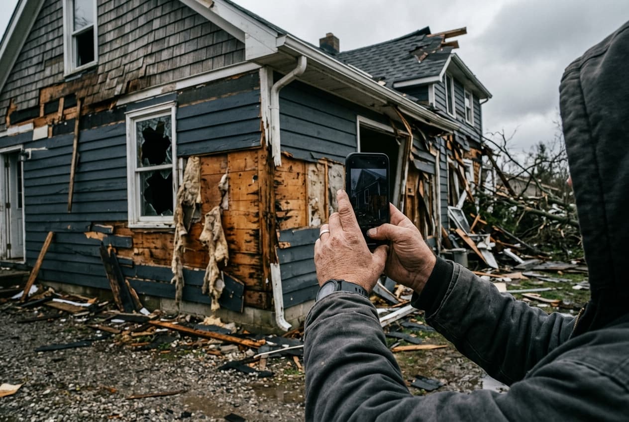 A homeowner photographing storm damage on their house from the ground with a smartphone