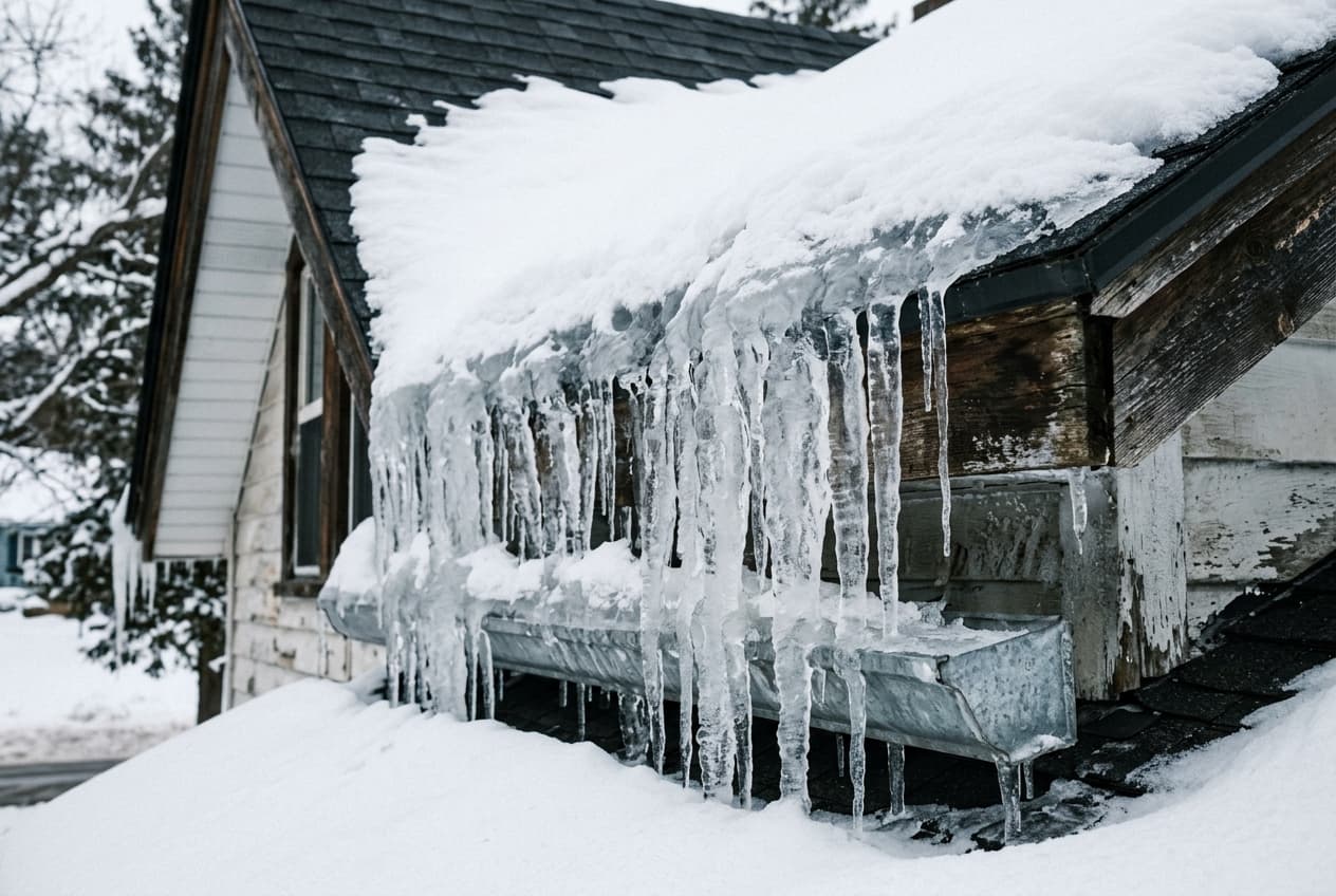 A thick ridge of ice built up along the eaves and gutter of a snow-covered roof