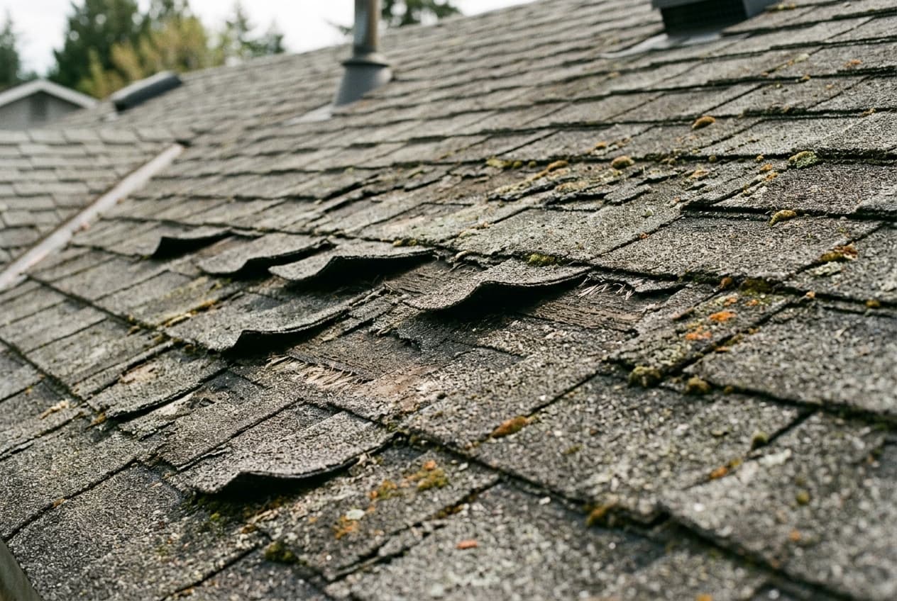 An aging asphalt shingle roof on an older New England home with visible wear