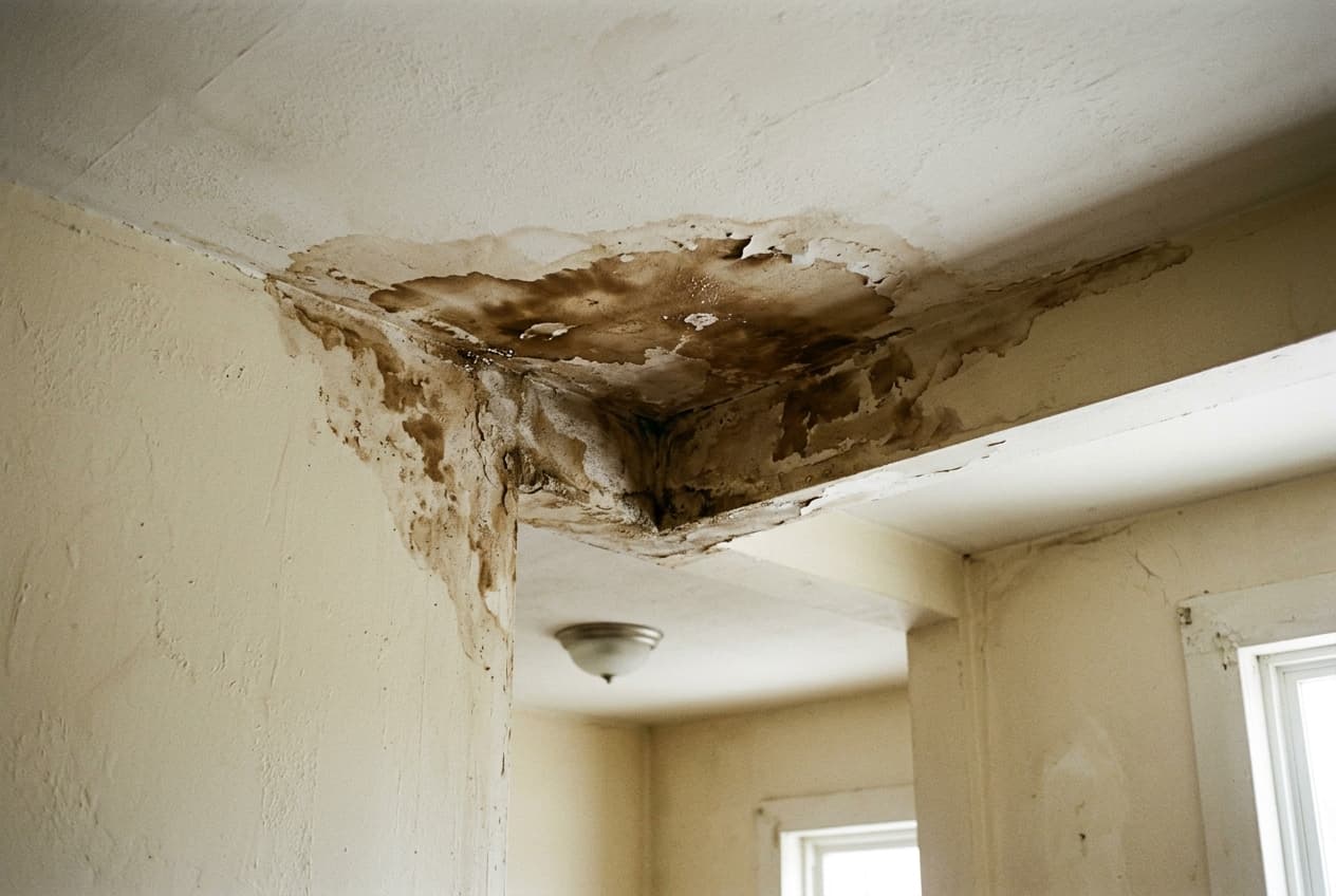 A water stain spreading across an interior ceiling beneath a roof leak