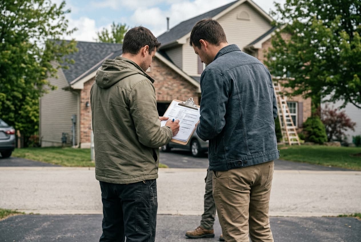 A roofing contractor and a homeowner reviewing a roof damage report together outside a house