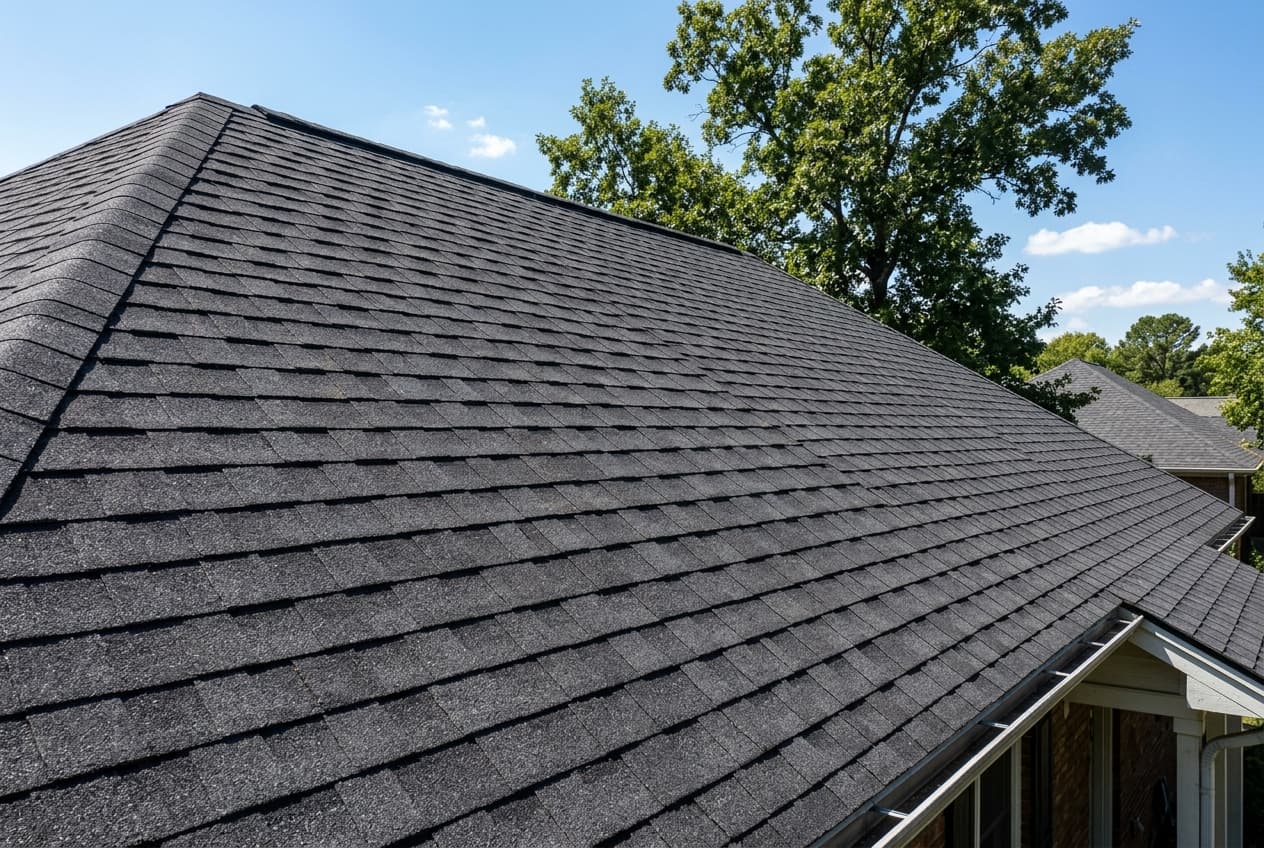 A south-facing asphalt shingle roof slope in bright midday sunlight