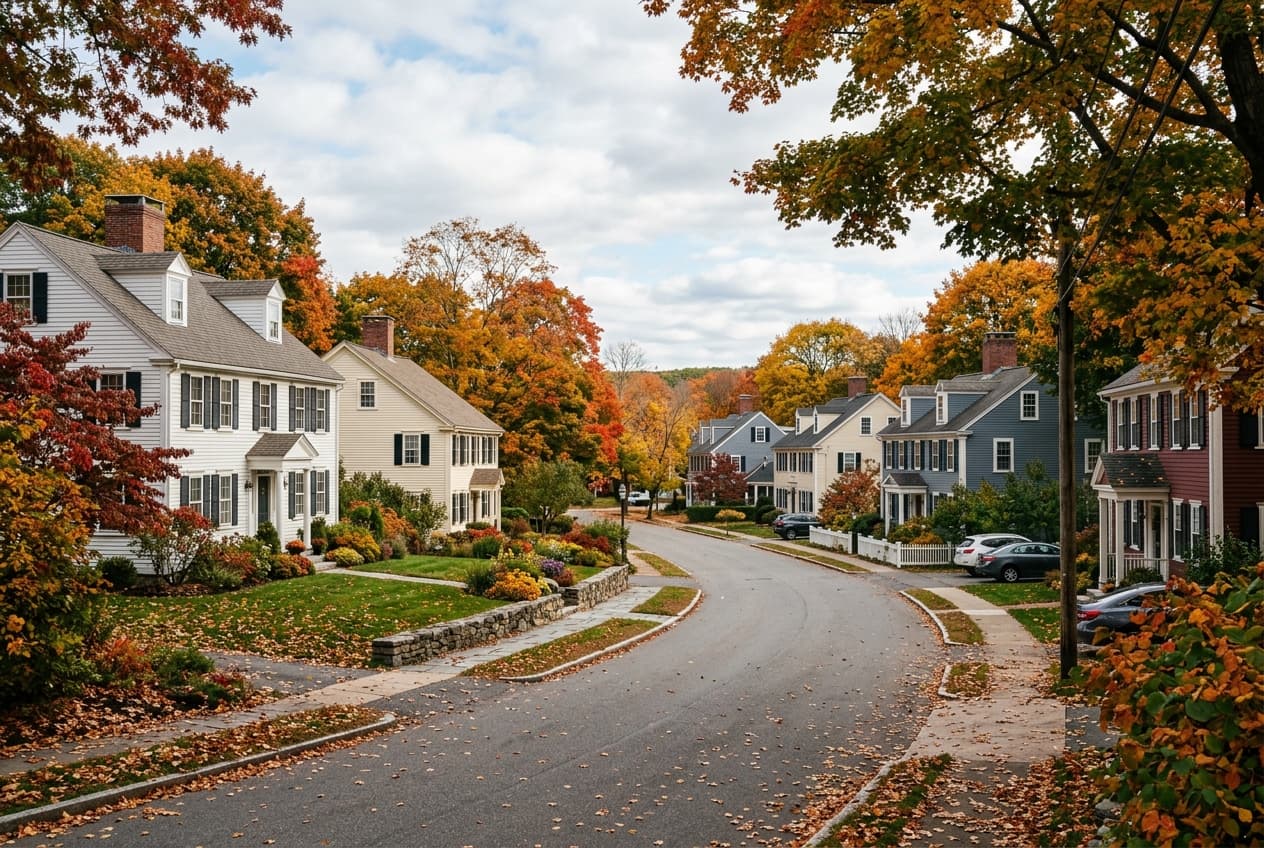 A New England residential street lined with classic colonial homes in autumn
