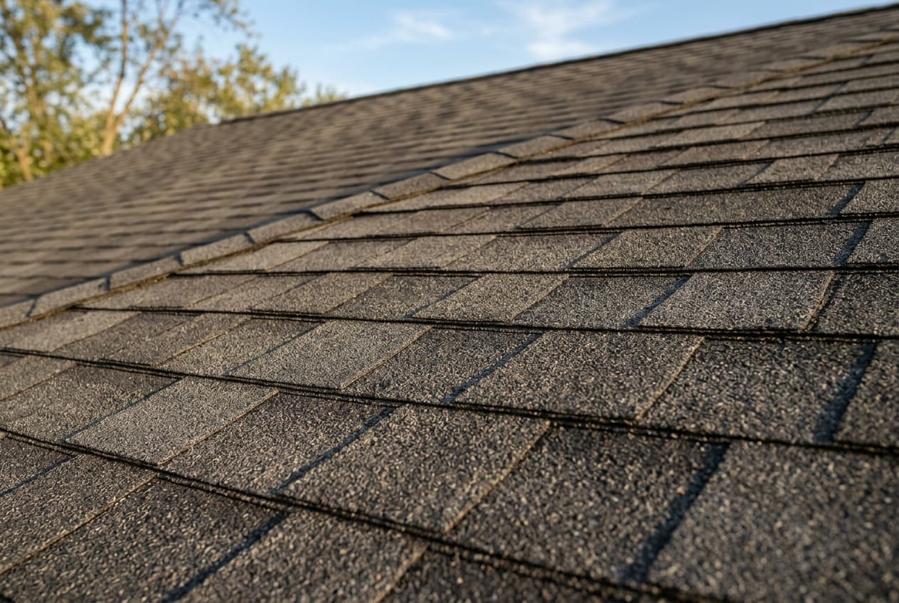 An older but sound and intact asphalt shingle roof on a well-kept New England home