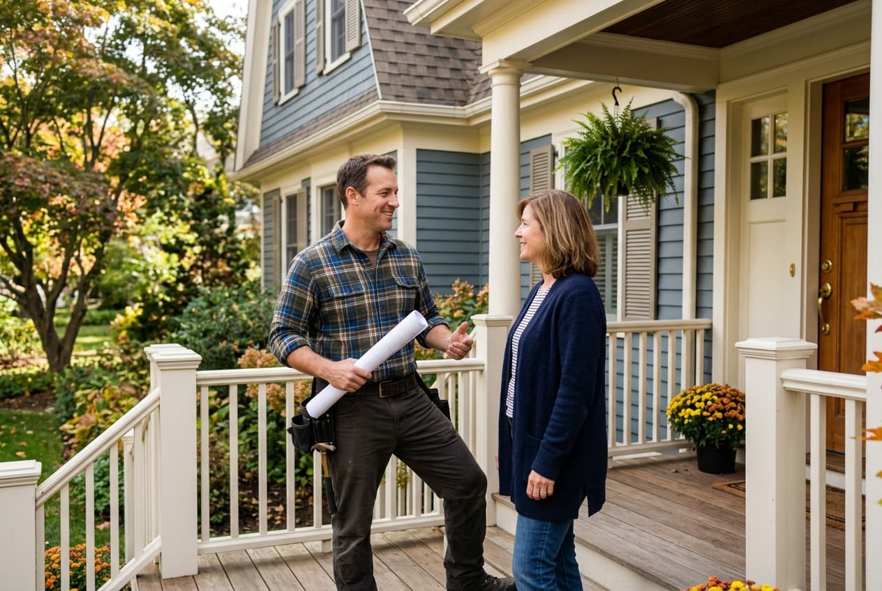 A roofing contractor talking with a homeowner on a front porch