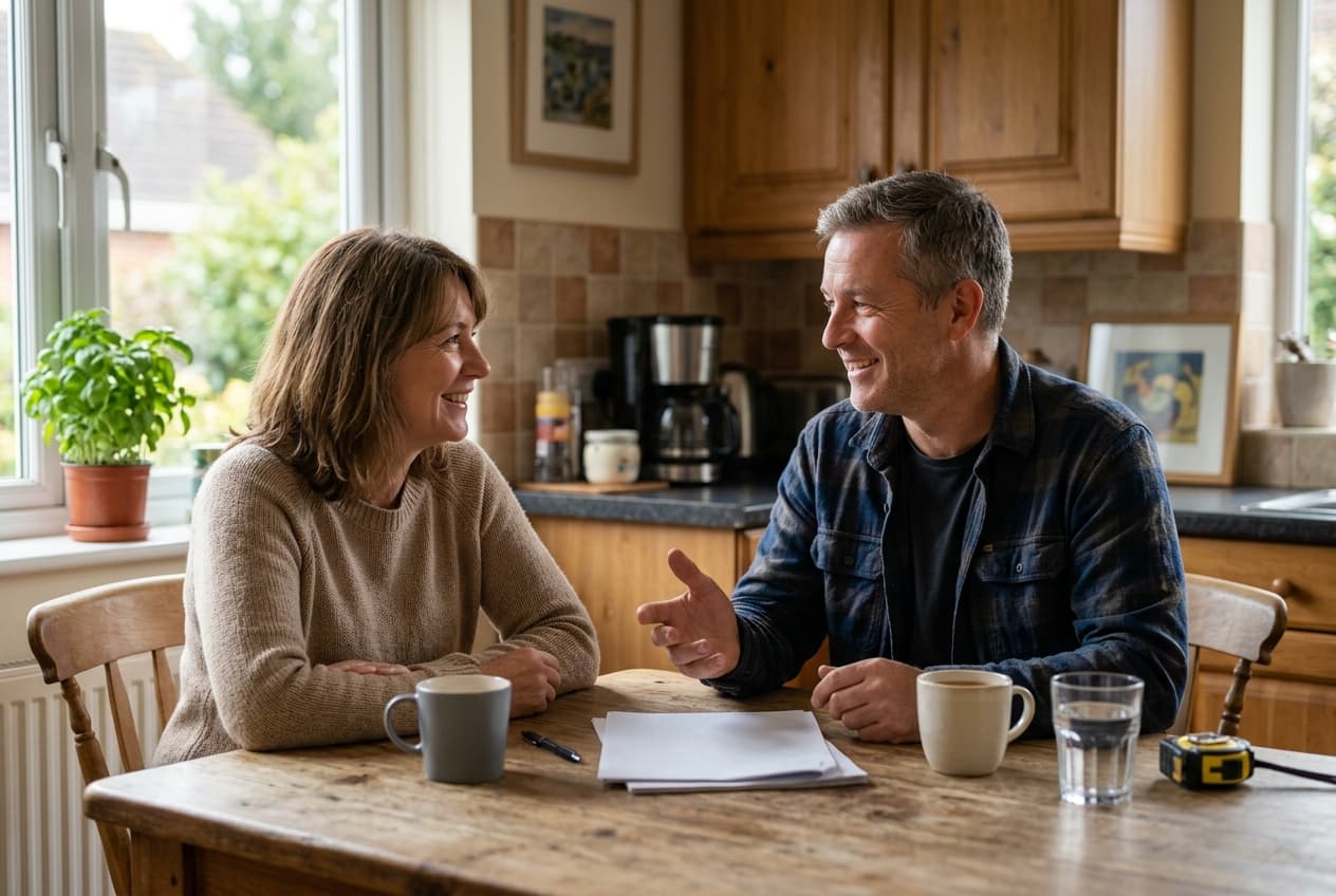 A roofing contractor and homeowner talking at a kitchen table