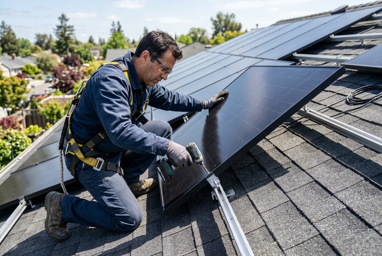 A worker on a roof detaching a black solar panel from its mounting rail