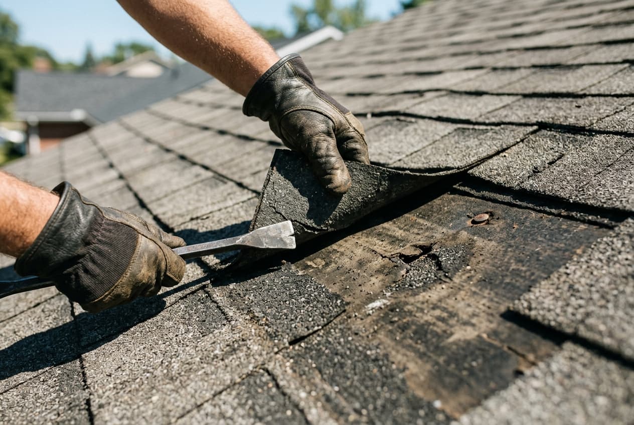 A roofer inspecting an asphalt shingle roof to weigh a localized repair against a full replacement