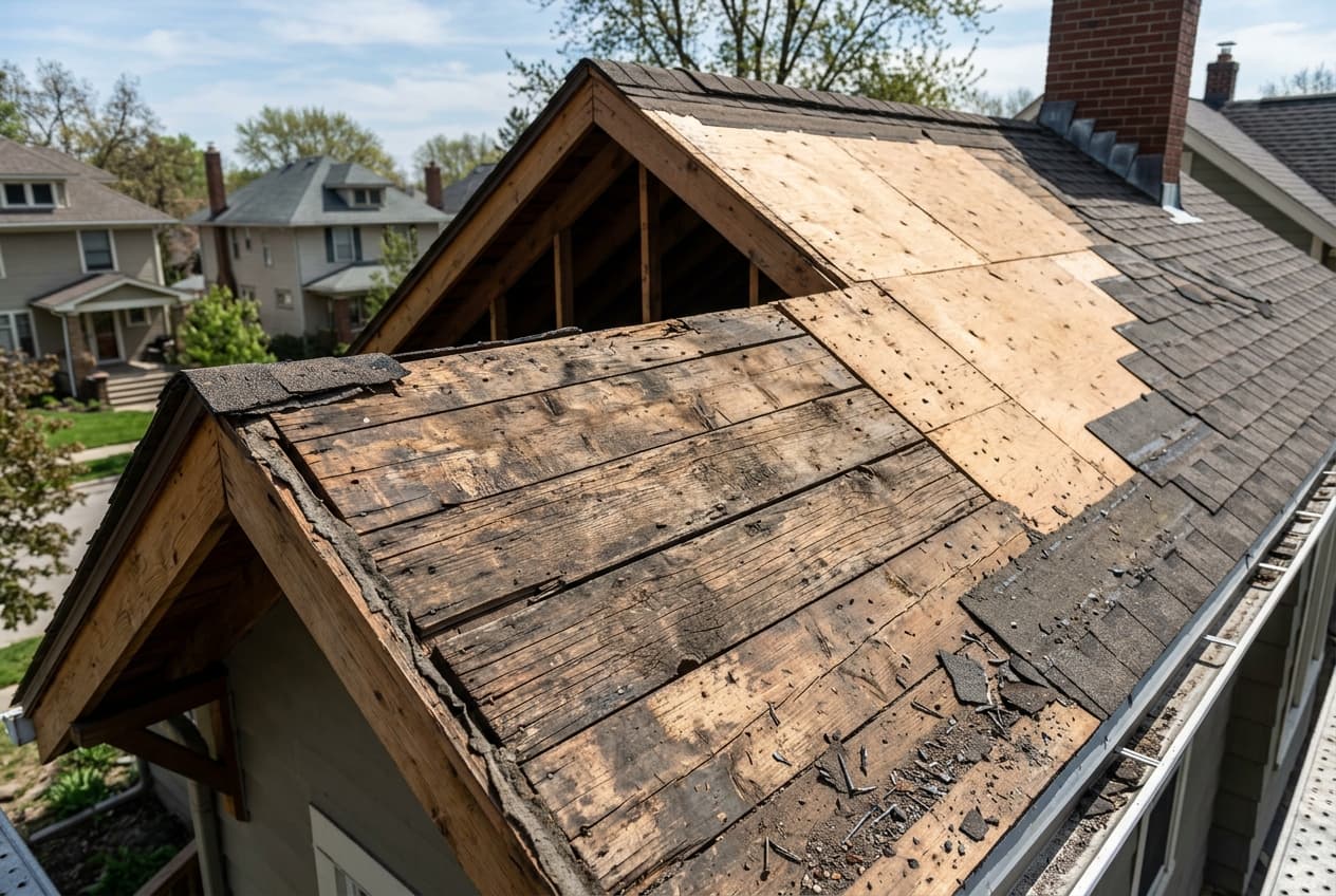 A roof during tear-off with shingles removed, exposing weathered wood decking
