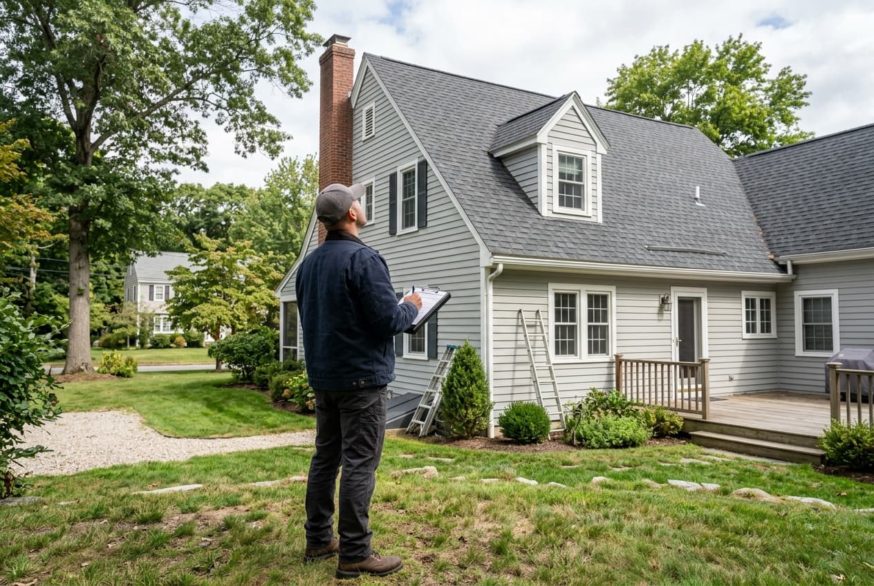 A home with a for-sale sign in the yard while an inspector reviews a roof condition report