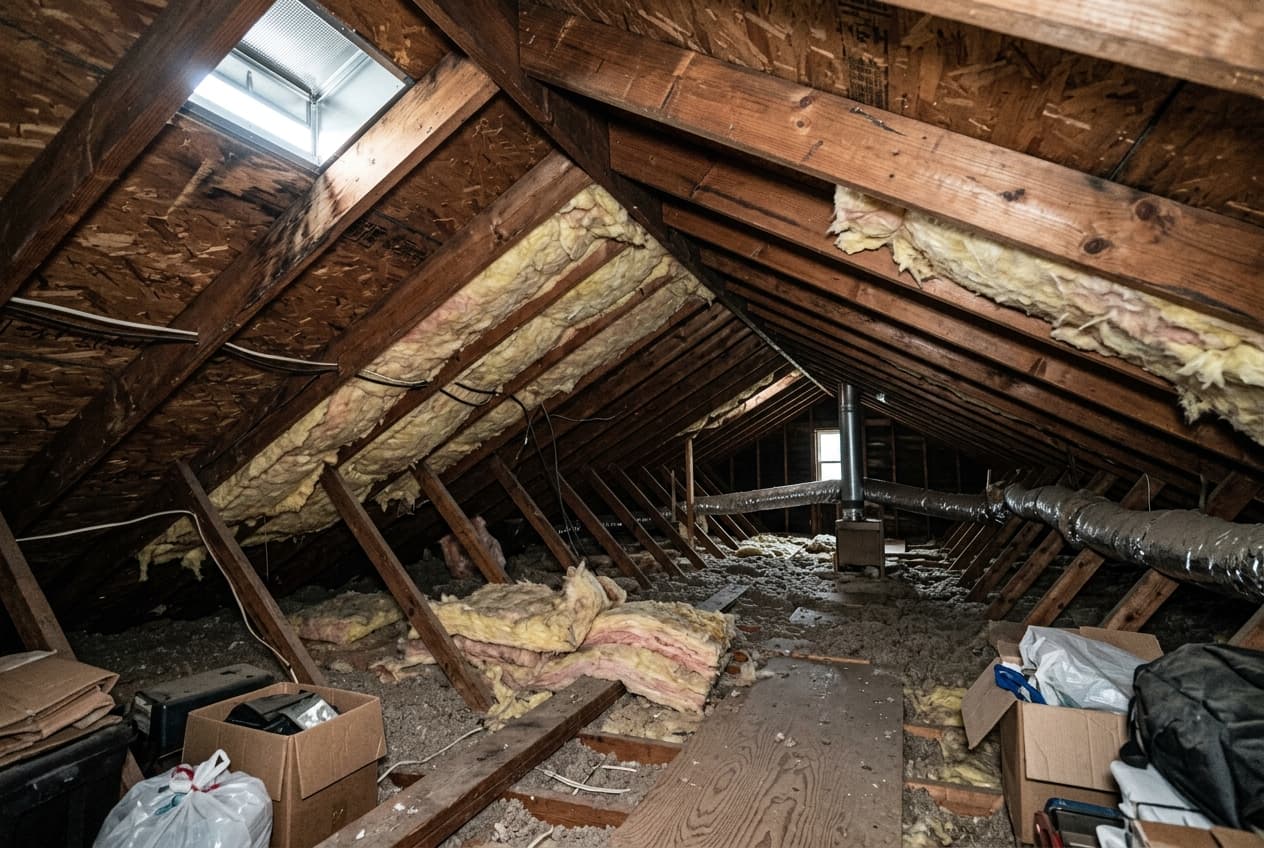 A roofer closely examining the metal flashing where a brick chimney meets the shingles