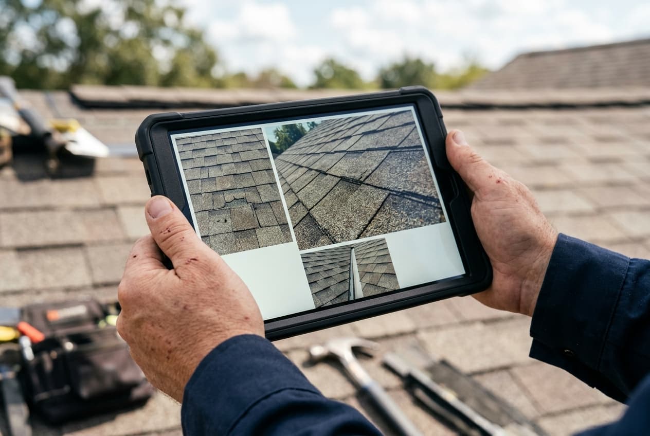 A roofing contractor reviewing roof inspection photos and a written condition report with a homeowner at a table