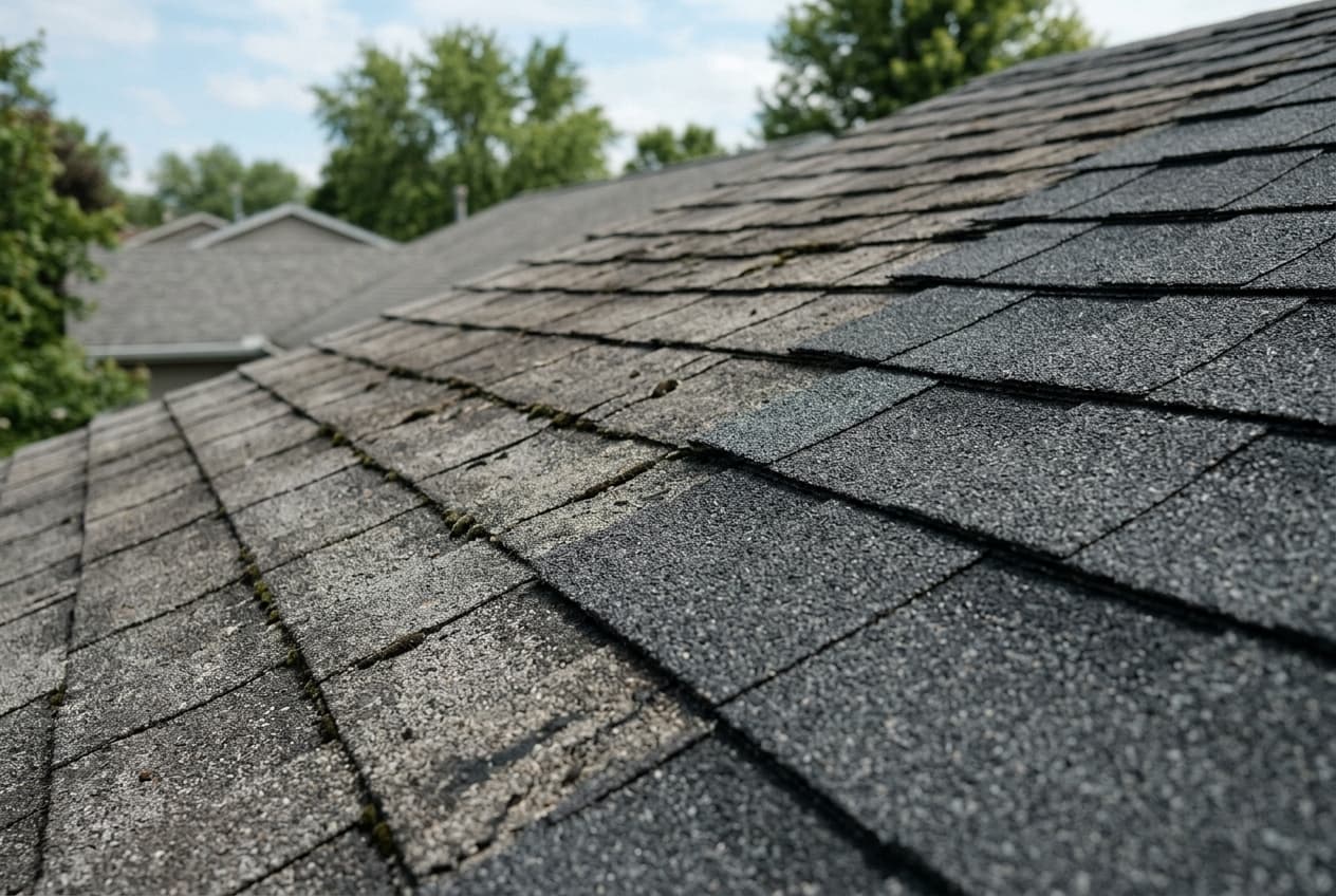 Roofing professional reviewing close-up drone images of an aging asphalt roof to estimate its remaining life