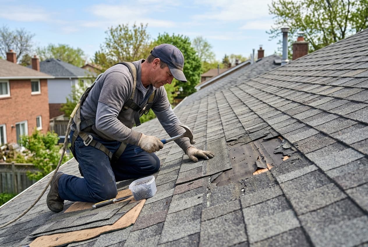 A roofer repairing a small damaged section of asphalt shingles