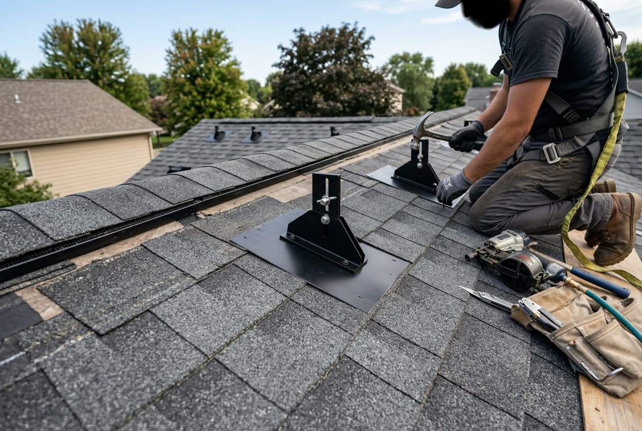 A roof under construction with new shingles and black solar mounting brackets being flashed in