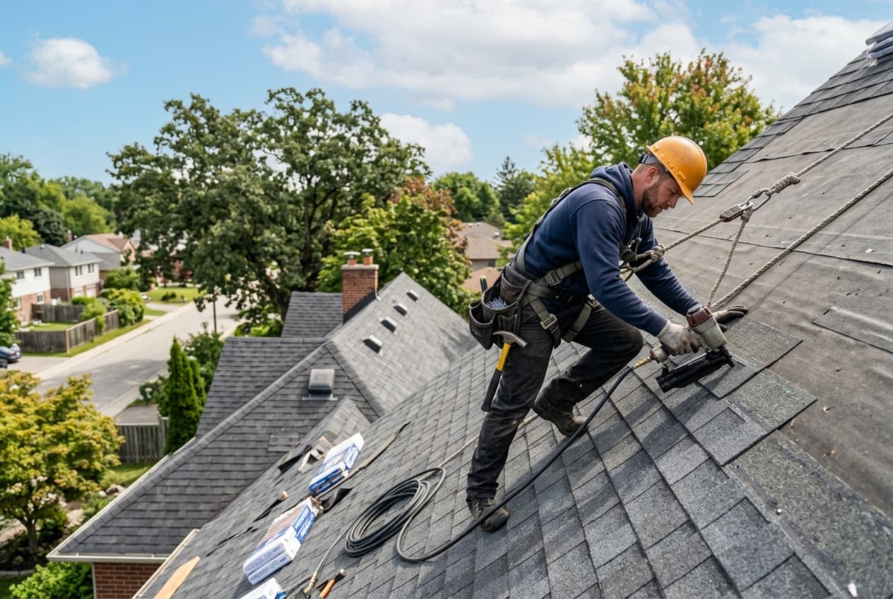 A roofer in a safety harness and hard hat working on a steep roof