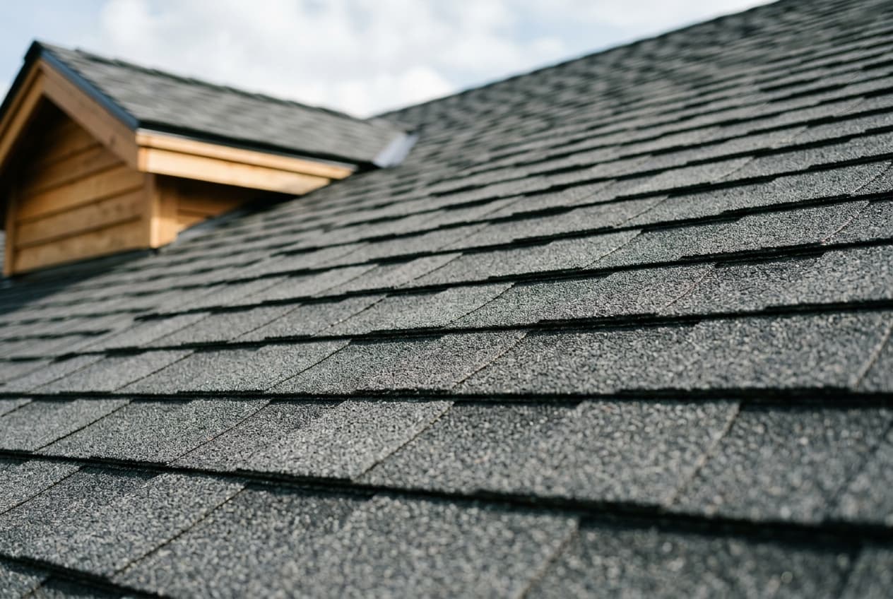 Close-up of a neatly installed asphalt shingle roof with straight courses