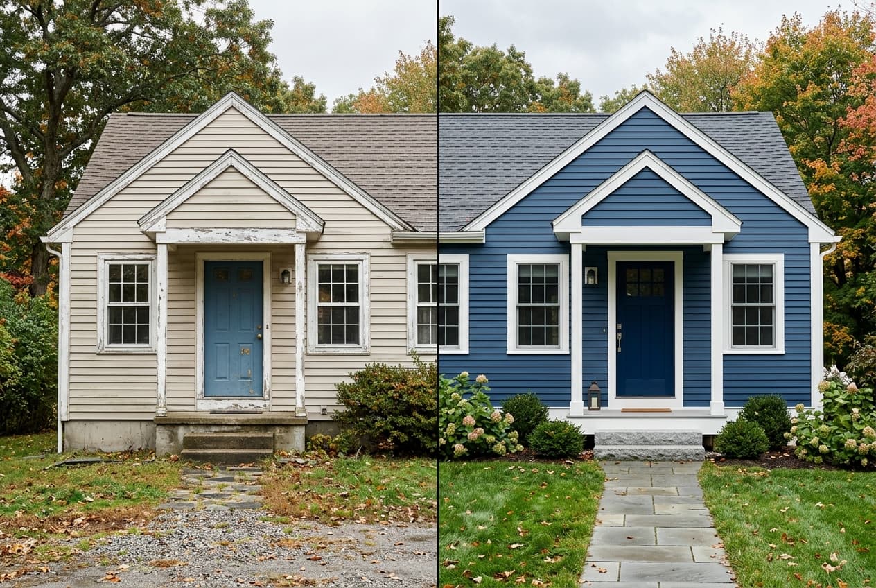 Side-by-side view of the same New England house facade, half with faded, weathered siding and half with new clapboard siding and fresh trim
