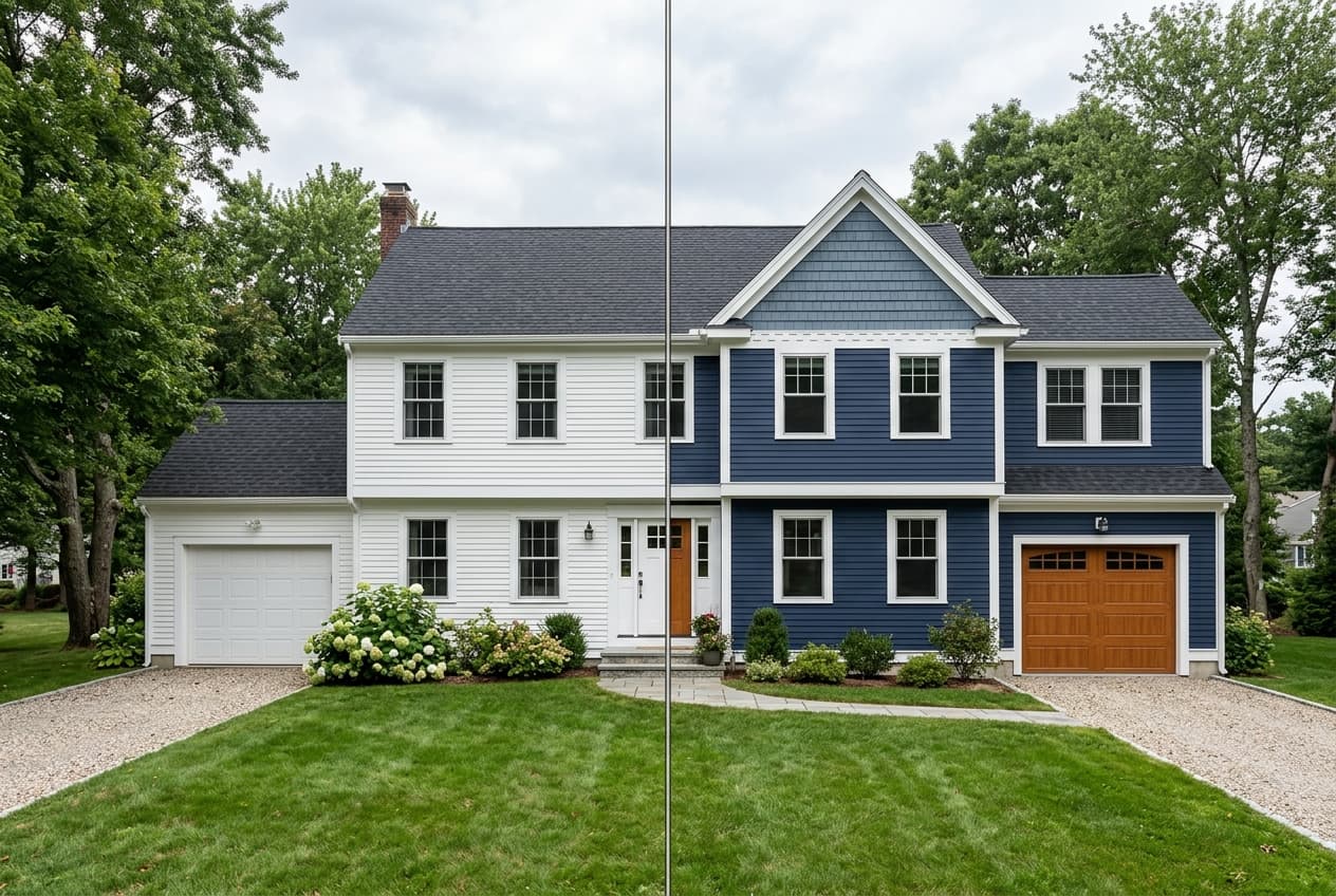 Split view of the same New England colonial: plain white lap siding on the left, and navy lap with blue-gray shake gables, a white trim band, and a wood-tone garage door on the right