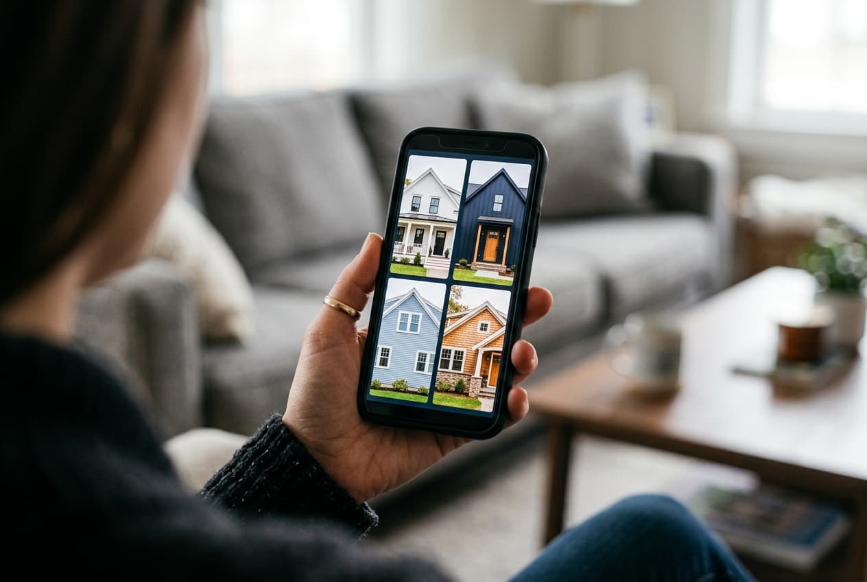 A homeowner's hand holding a phone showing a grid of four New England home exteriors in different siding styles, with a living-room couch in the background