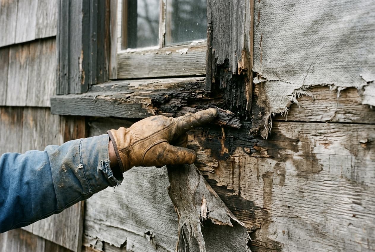 A contractor's gloved hand pointing at rotted wood at the bottom corner of a window opening on an exposed exterior wall