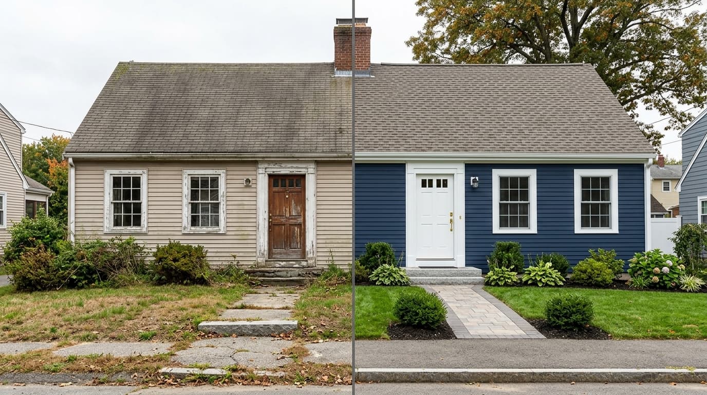 Split view of the same New England cape: faded, peeling beige siding and a worn front walk on the left, fresh navy lap siding with crisp white trim and a tidy walk on the right