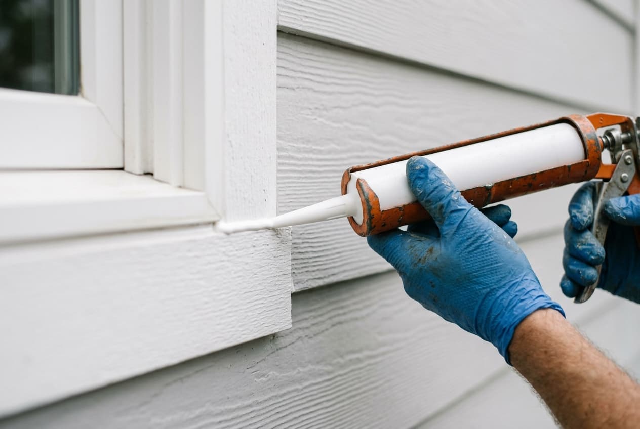 A gloved hand running a bead of caulk along the seam where window trim meets lap siding