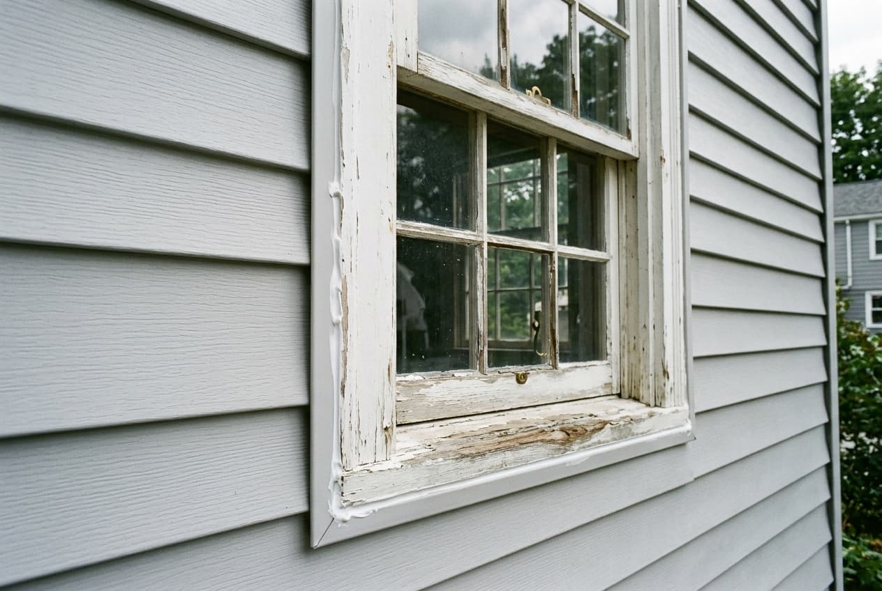 New vinyl siding installed over the original siding, standing proud of an older wood window frame with a bead of caulk at the edge