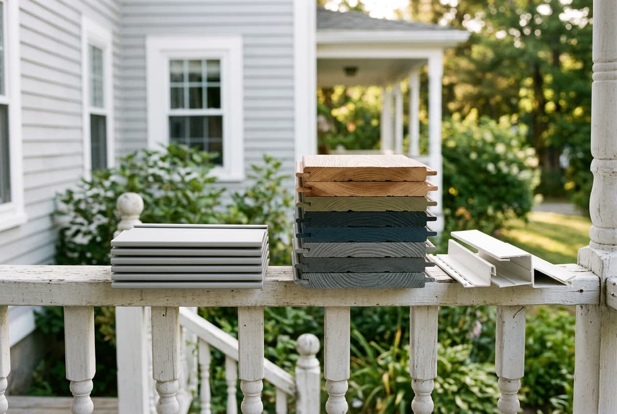 Two stacks of siding sample boards on a porch rail, one thin and plain, the other thicker with trim pieces beside it