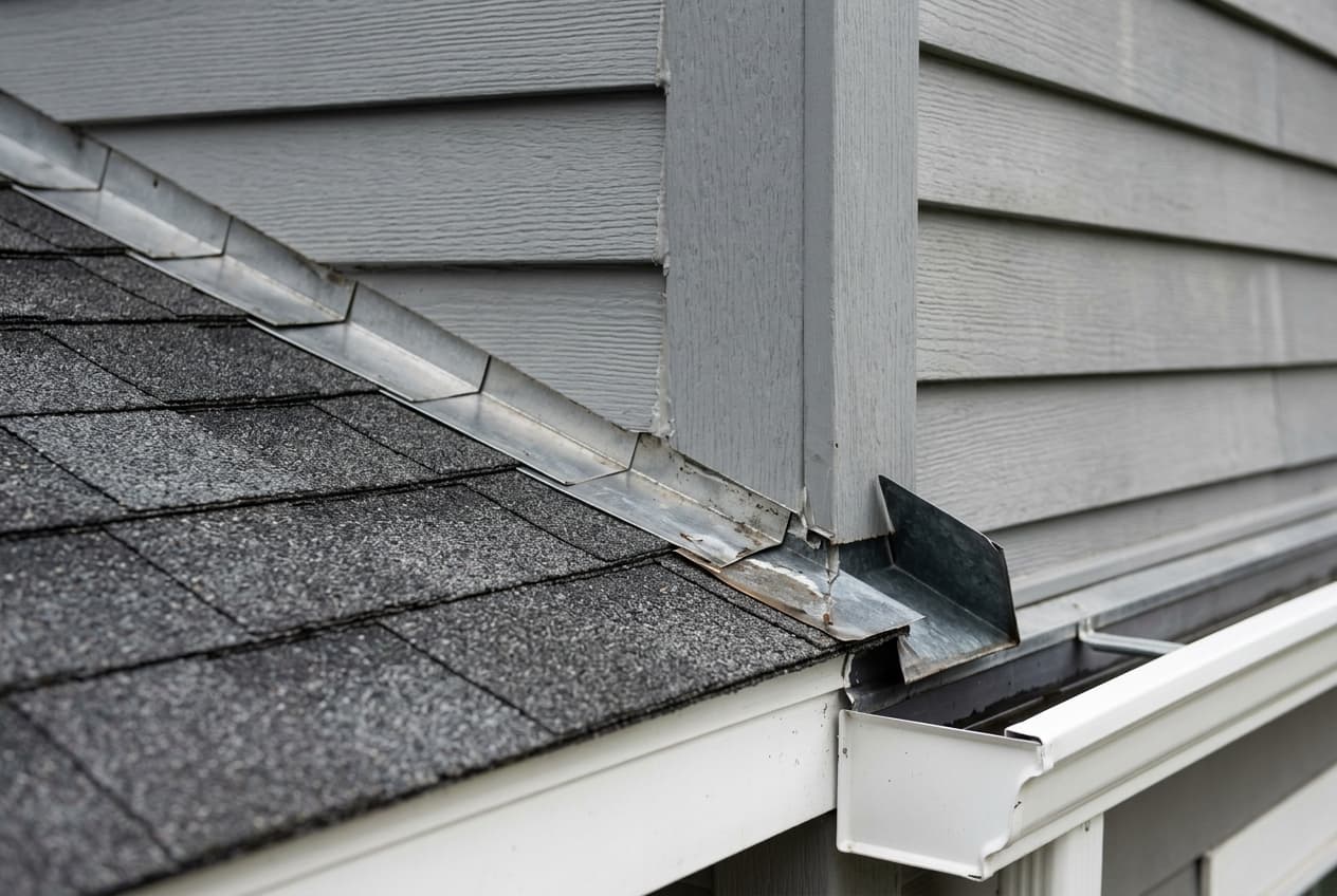 Close-up of a roof-to-wall junction where step flashing and a kick-out flashing tuck behind new gray lap siding above a lower shingled roof