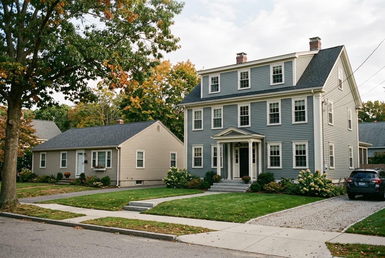 A single-story ranch and a tall three-story colonial side by side on the same street, showing the difference in exterior wall area